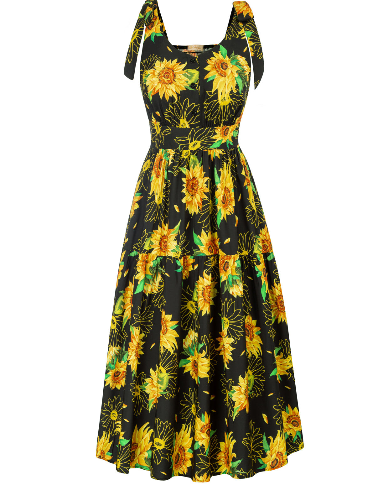 belle poque Sunflower Printed Tiered Midi Dress Sleeveless V-Neck Defined Waist A-Line Dress Yellow