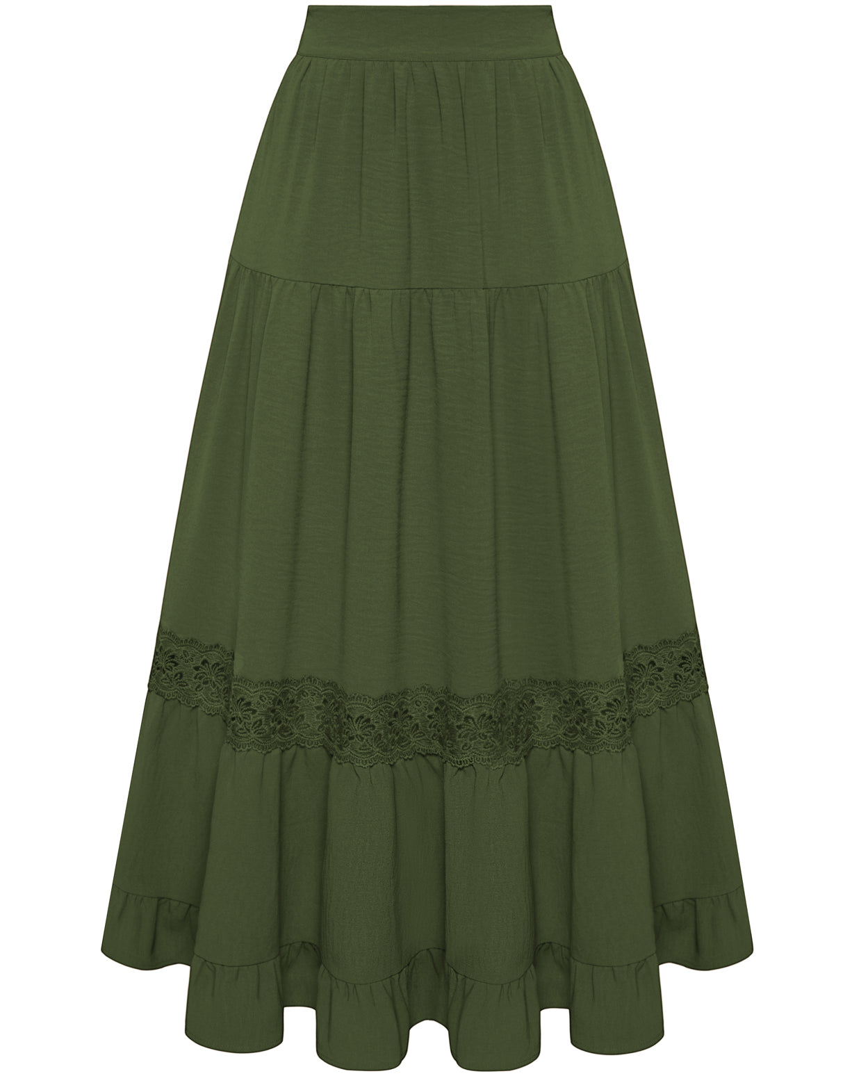 belle poque Women's Midi Skirt Boho Flowy Aline Ruffle Lace Tiered Skirt with Pockets 2025 Green