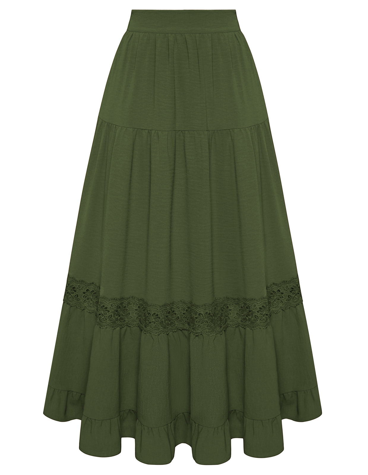 belle poque Women Vintage Tiered Swing Skirt Elastic Waist Ruffled Hem Mid-Calf Skirt Green