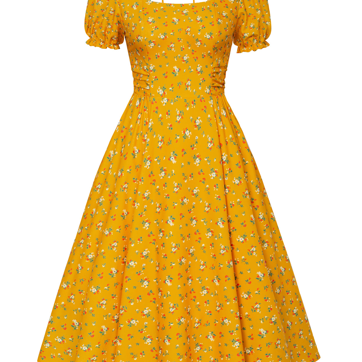 belle poque Vintage Daisy Flower Print Cottagecore Cocktail Dresses Square Neck Puff Sleeve Dress with Pockets Yellow