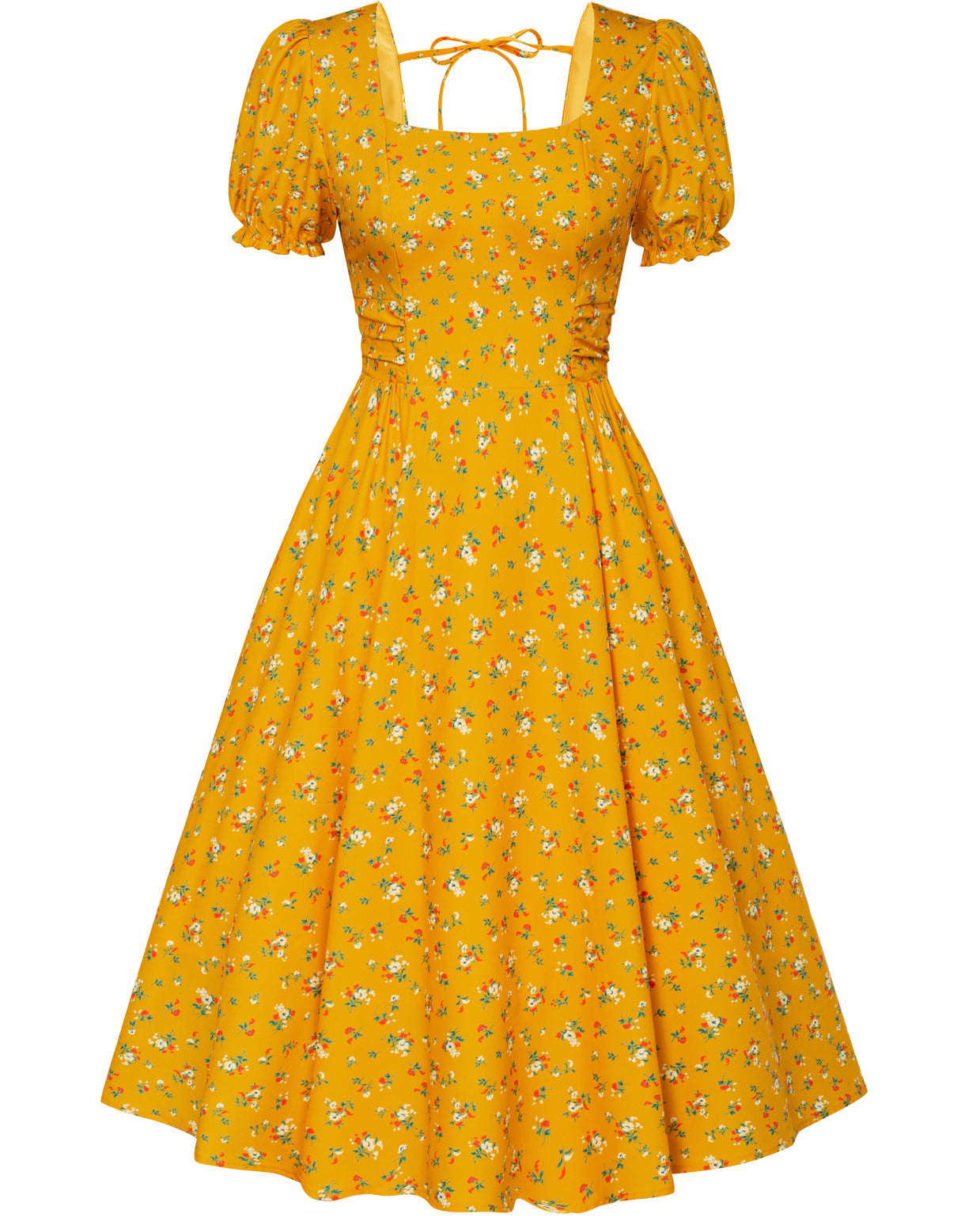 belle poque Vintage Daisy Flower Print Cottagecore Cocktail Dresses Square Neck Puff Sleeve Dress with Pockets Yellow