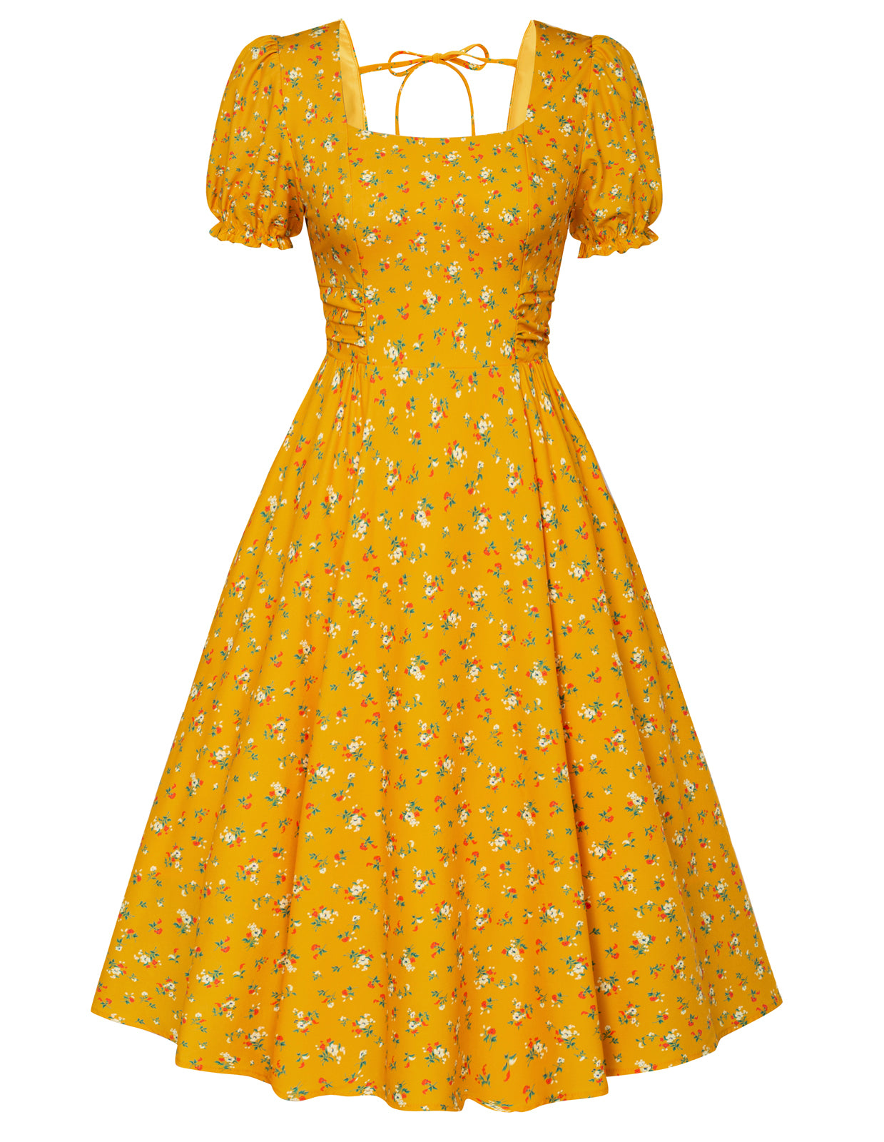 belle poque Vintage Daisy Flower Print Cottagecore Cocktail Dresses Square Neck Puff Sleeve Dress with Pockets Yellow