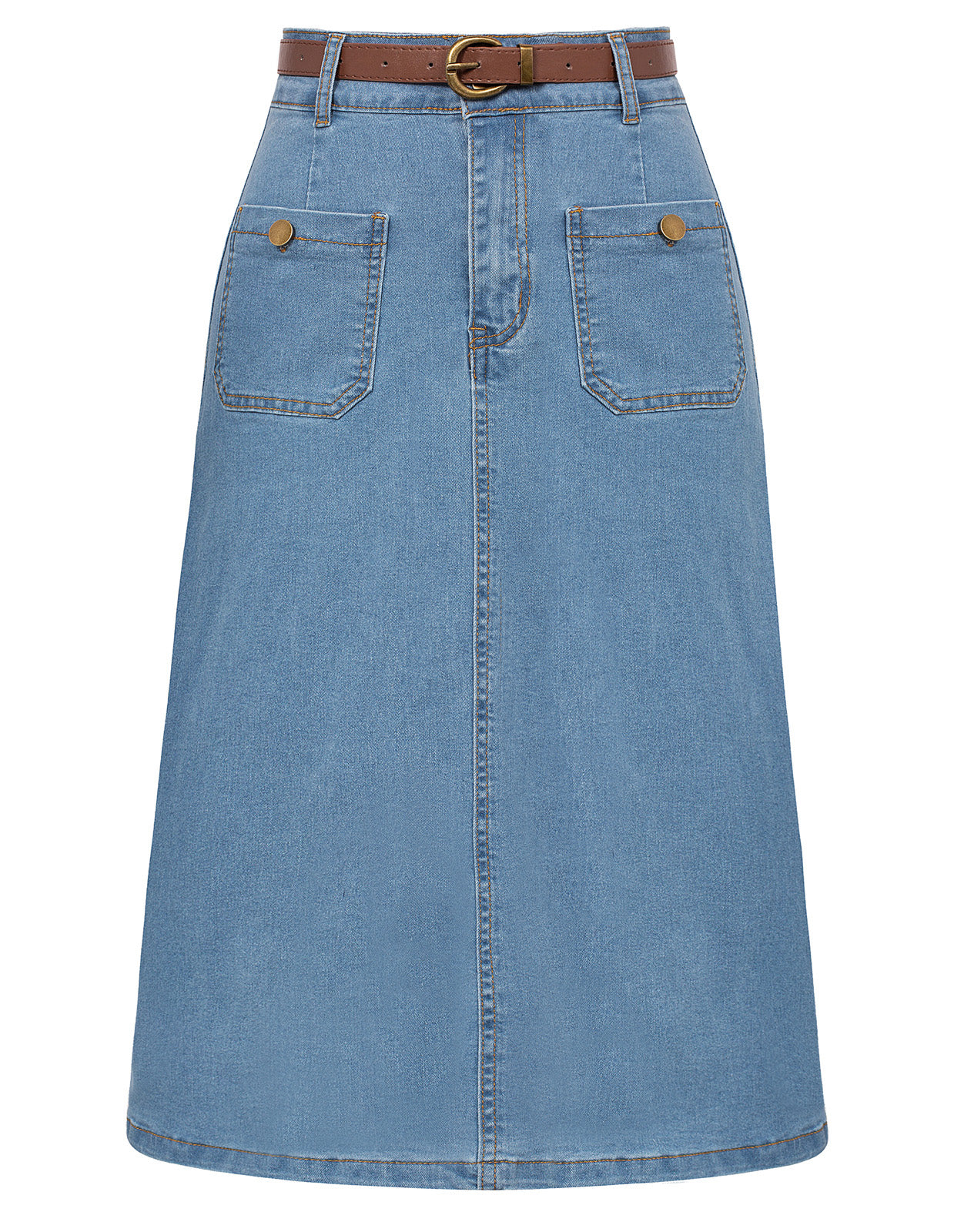 belle poque Denim Skirt with Belt Knee Length High Waisted Jean Skirts for Women Light Blue