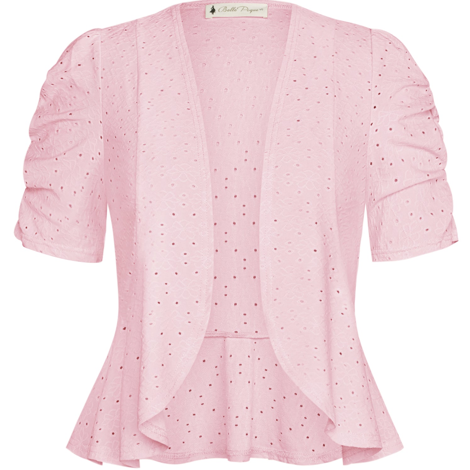 belle poque Women Vintage Hollowed-out Shrug Ruched Short Sleeve Open Front Tops Pink