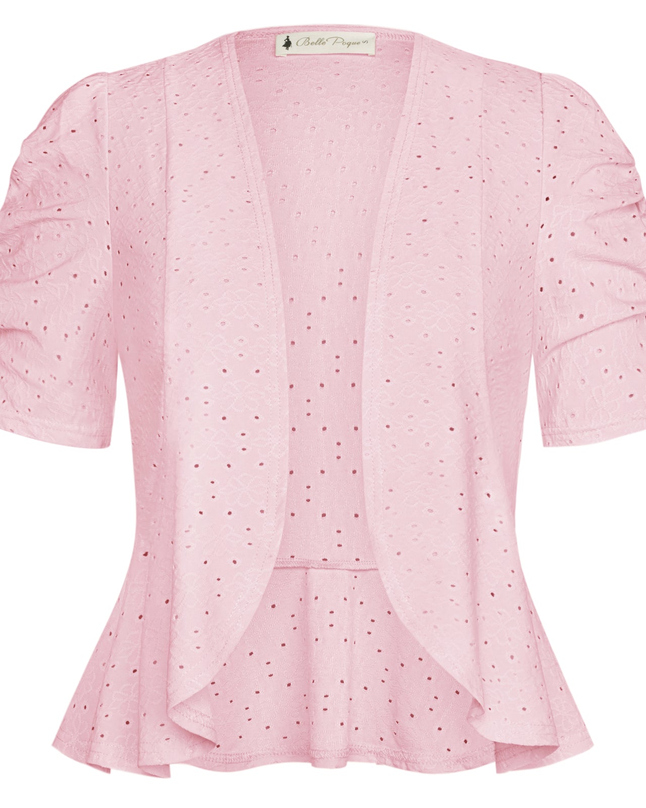 belle poque Women Vintage Hollowed-out Shrug Ruched Short Sleeve Open Front Tops Pink