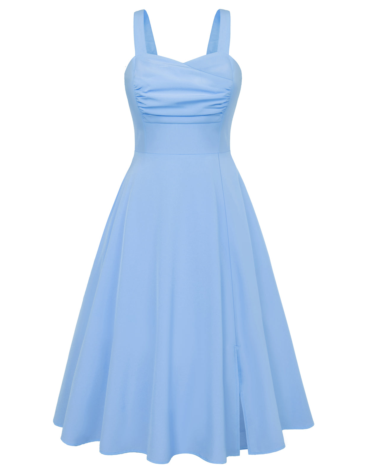 belle poque Vintage Strawberry Patterns Cocktail Dress Sleeveless Spaghetti Strap Ruched Slit A Line Swing Dress with Pockets Blue