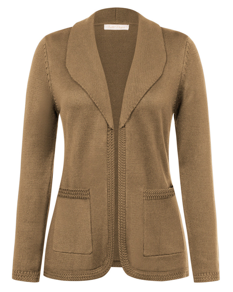 belle poque Vintage Cardigan Sweater Blazer V Neck Shawl Lapel Collar with Pockets Brown
