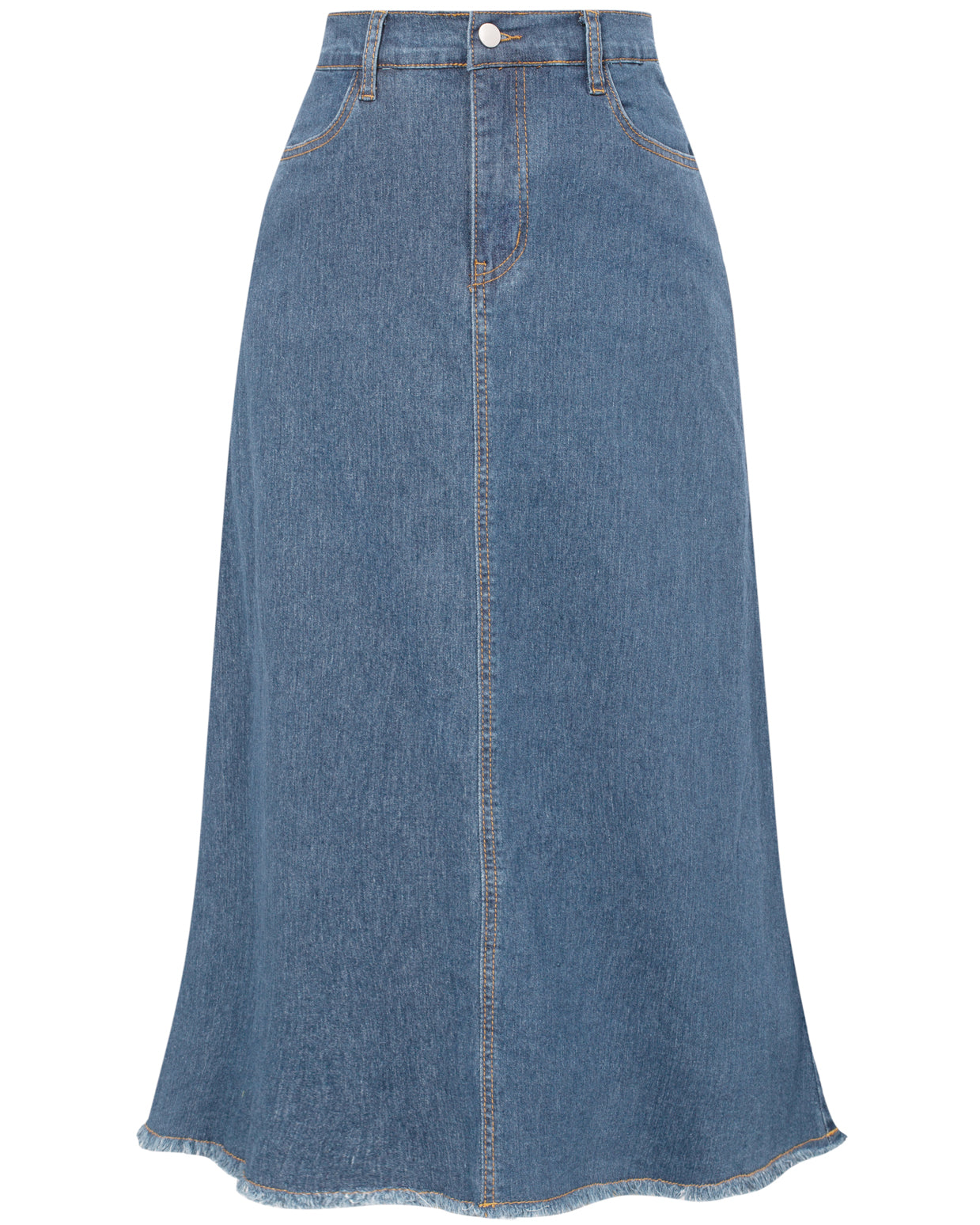belle poque Multi-Pocket Jean Skirt Elastic High Waist Raw Hem Midi A-Line Skirt