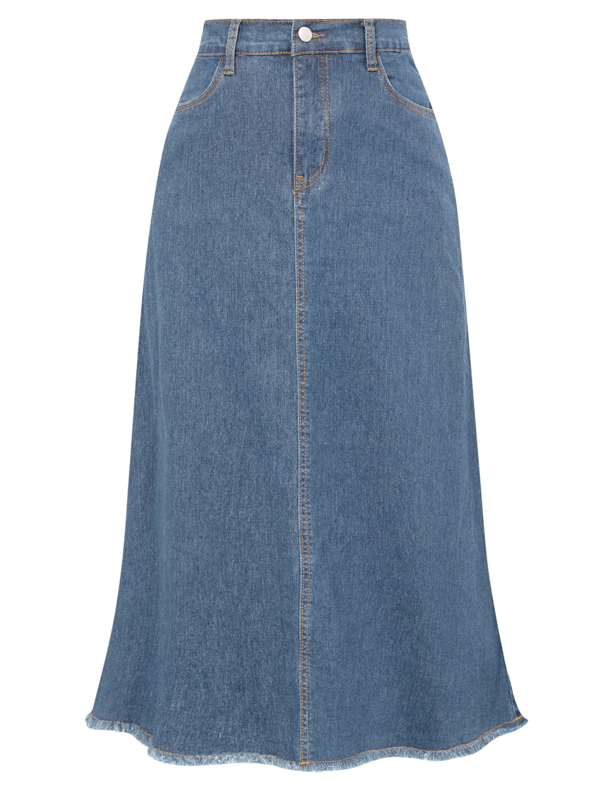 belle poque Multi-Pocket Jean Skirt Elastic High Waist Raw Hem Midi A-Line Skirt