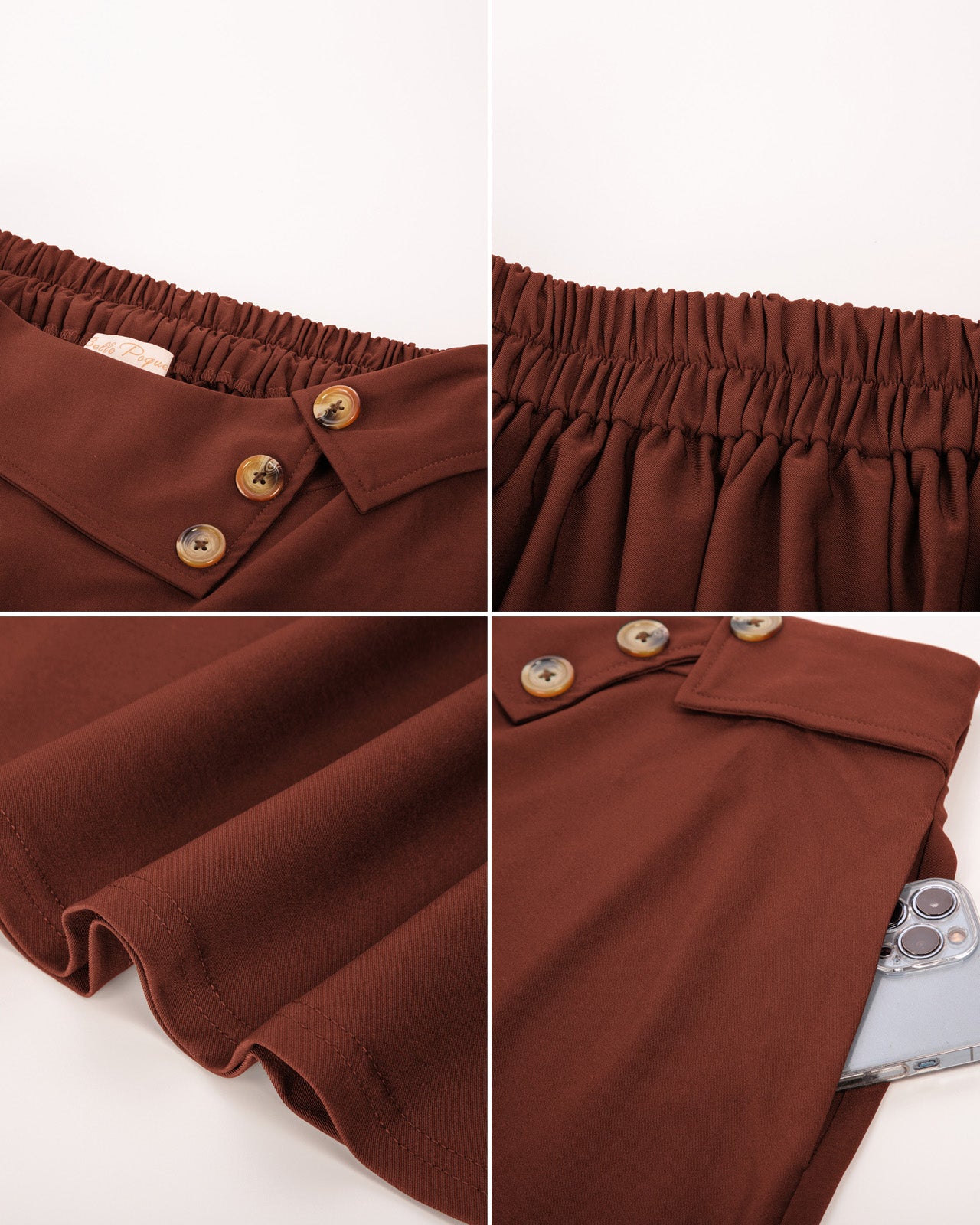 belle poque Vintage A-Line Skirt High Waisted Midi Skirt with Pockets & Buttons