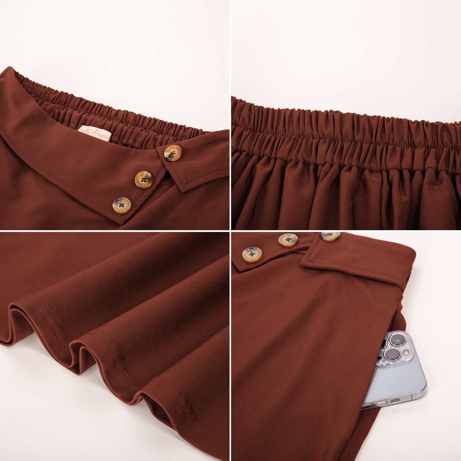 belle poque Vintage A-Line Skirt High Waisted Midi Skirt with Pockets & Buttons