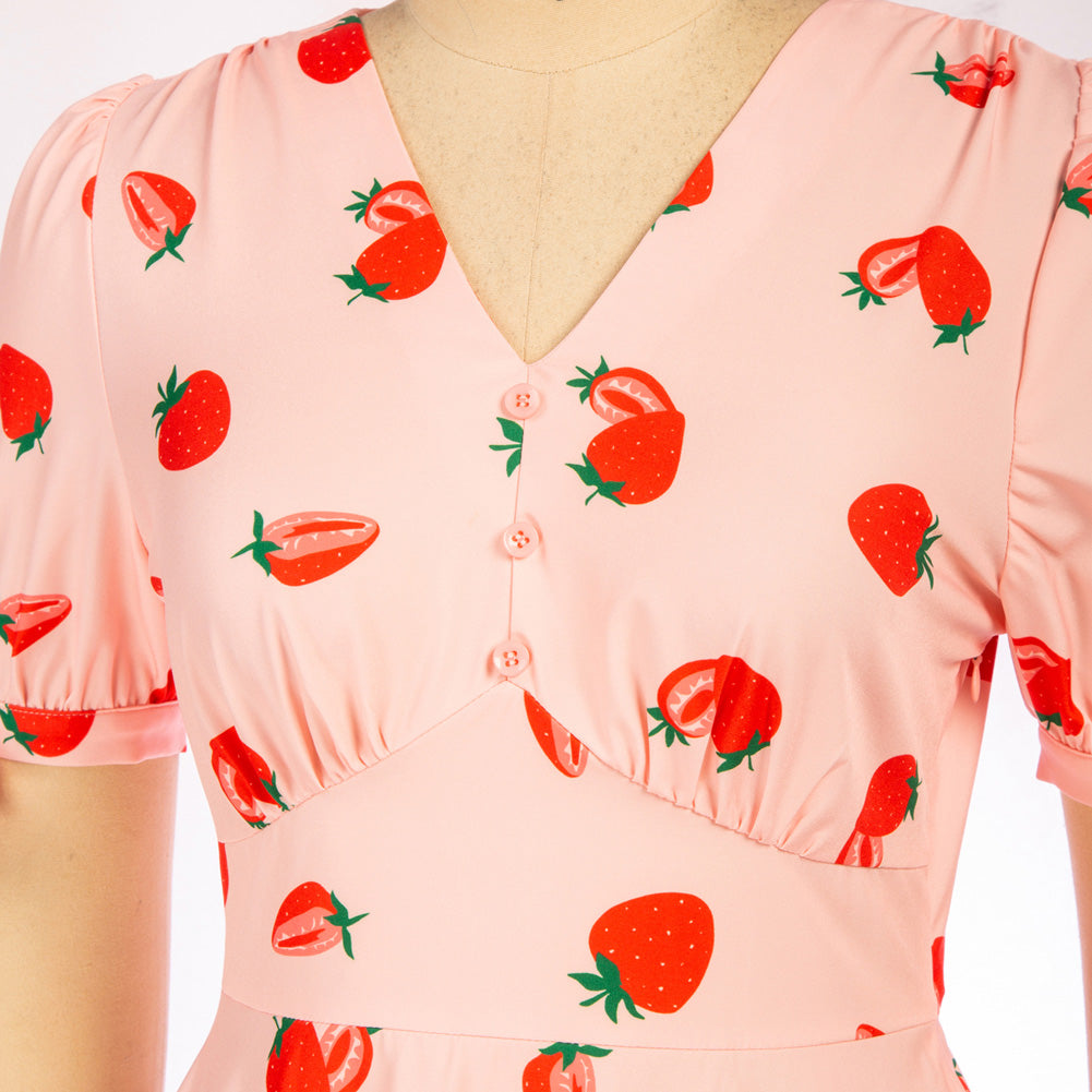 belle poque Strawberry Printed Defined Waist Dress Short Sleeve V-Neck Flared A-Line Dress