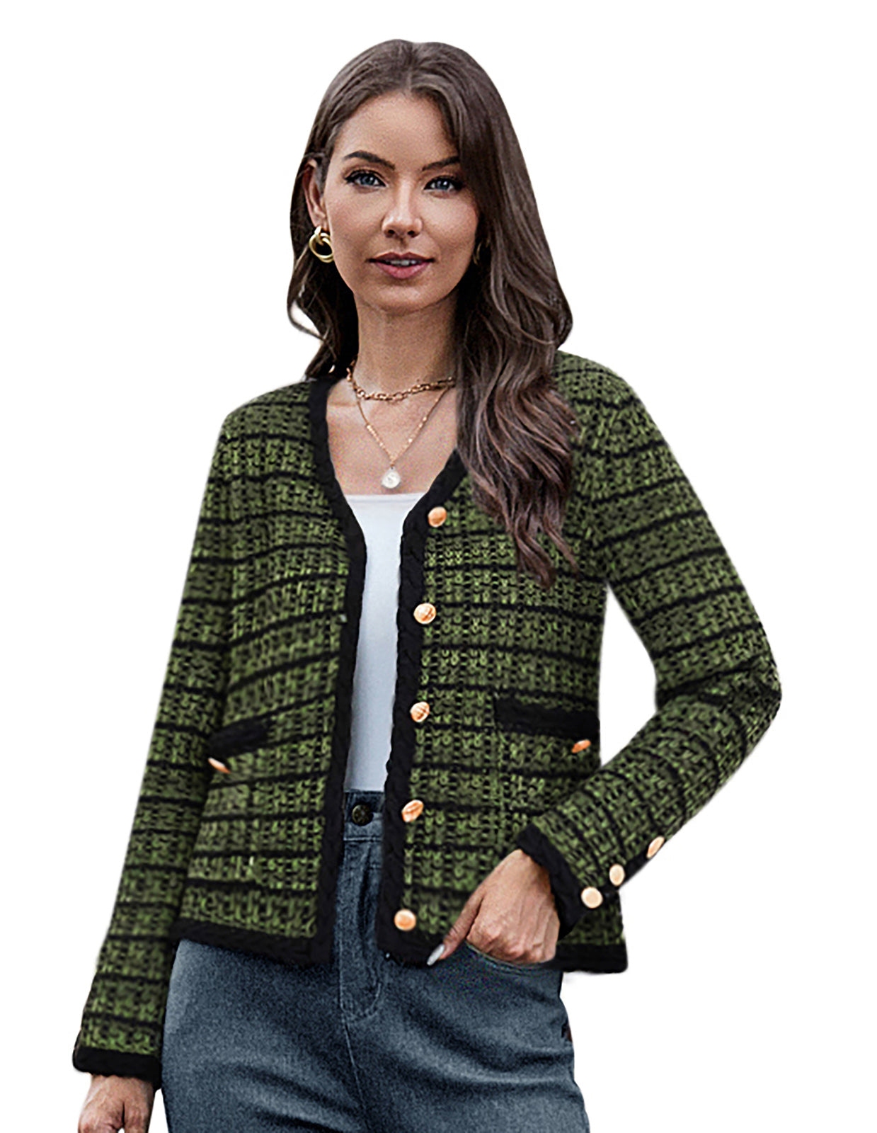 belle poque Contrast Color Cardigan Long Sleeve V-Neck Cable Knitted Sweater