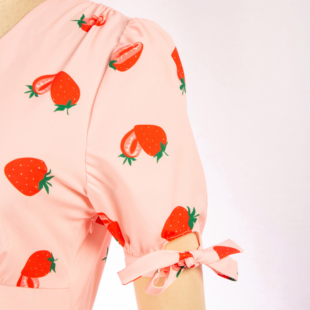 belle poque Strawberry Printed Defined Waist Dress Short Sleeve V-Neck Flared A-Line Dress