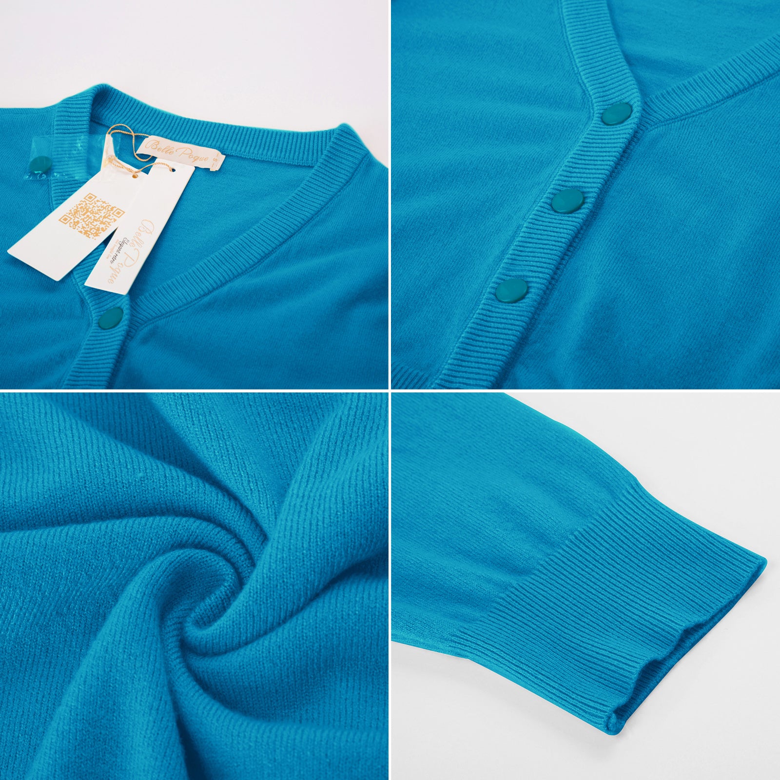 belle poque Cropped Cardigan 3/4 Sleeve V-Neck Button-up Sweater Knitwear