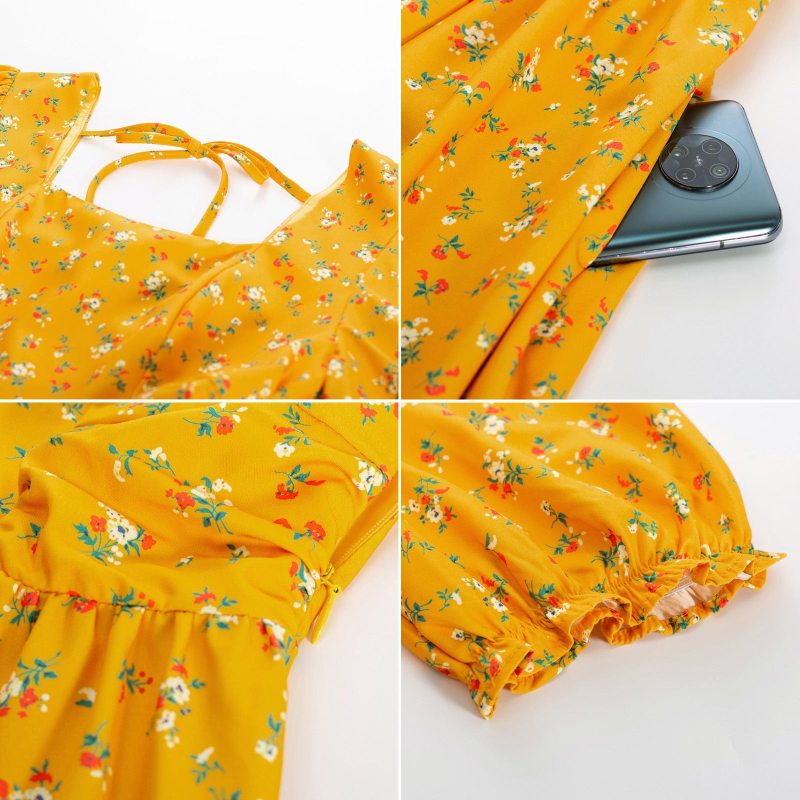 belle poque Vintage Daisy Flower Print Cottagecore Cocktail Dresses Square Neck Puff Sleeve Dress with Pockets