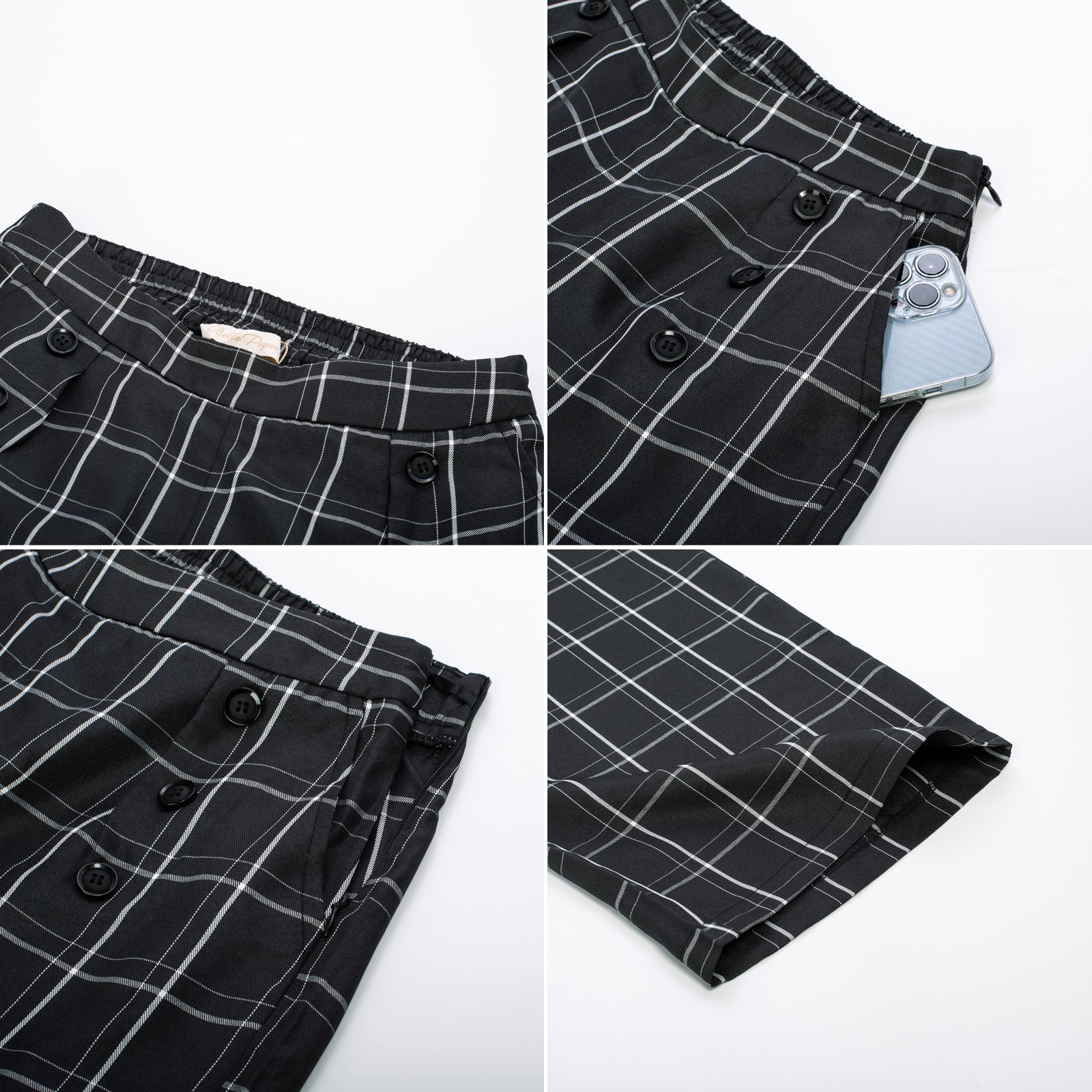 belle poque High Waisted Wide Leg Pants Button Decorated Casual Stretchy Trousers with Pockets