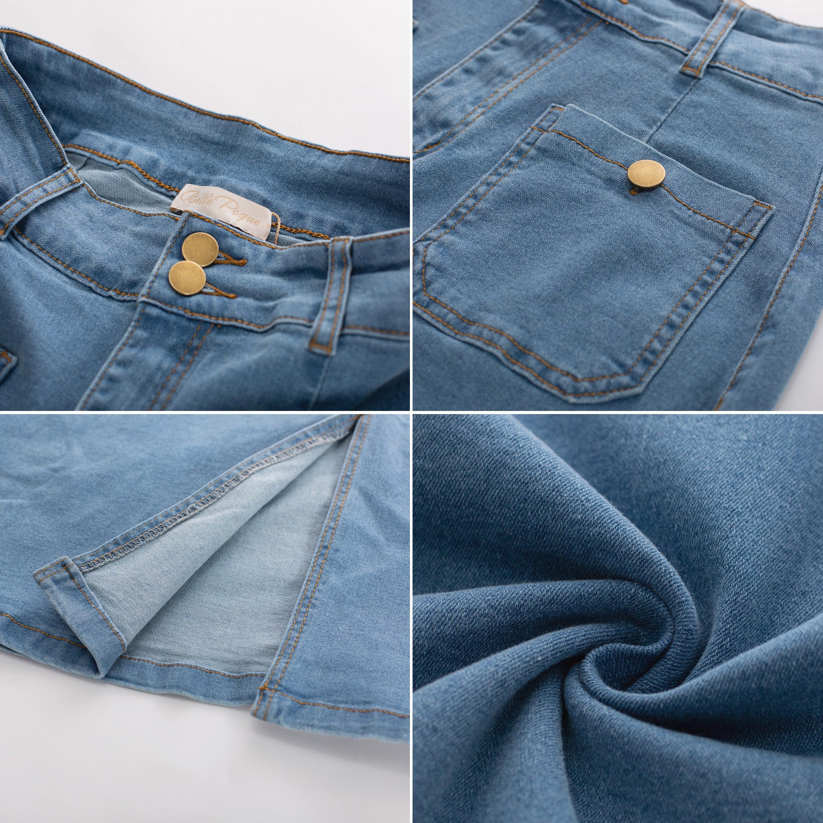 belle poque Denim Skirt with Belt Knee Length High Waisted Jean Skirts for Women