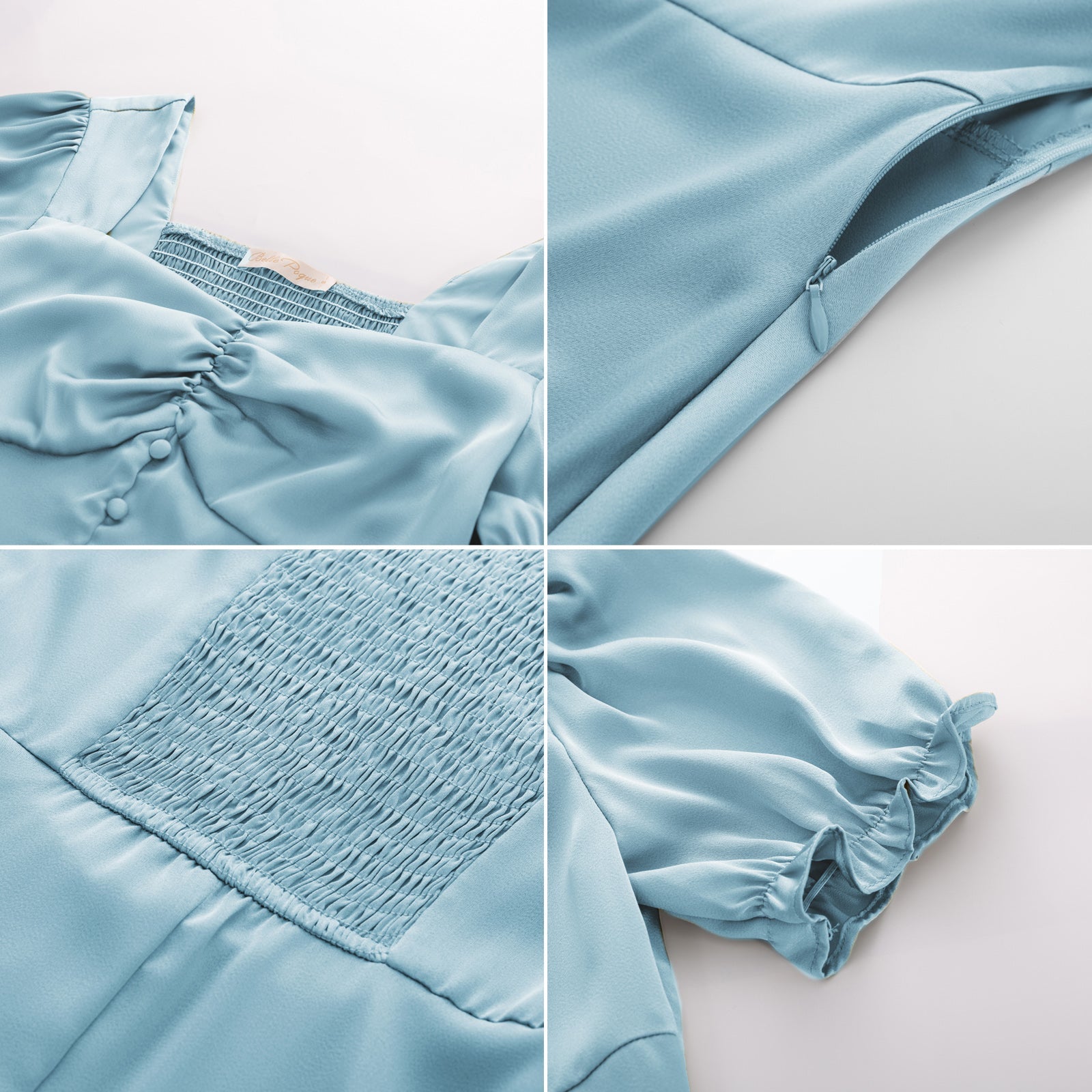 belle poque Front Slit Dress Short Sleeve Square V-Neck Flared A-Line Dress