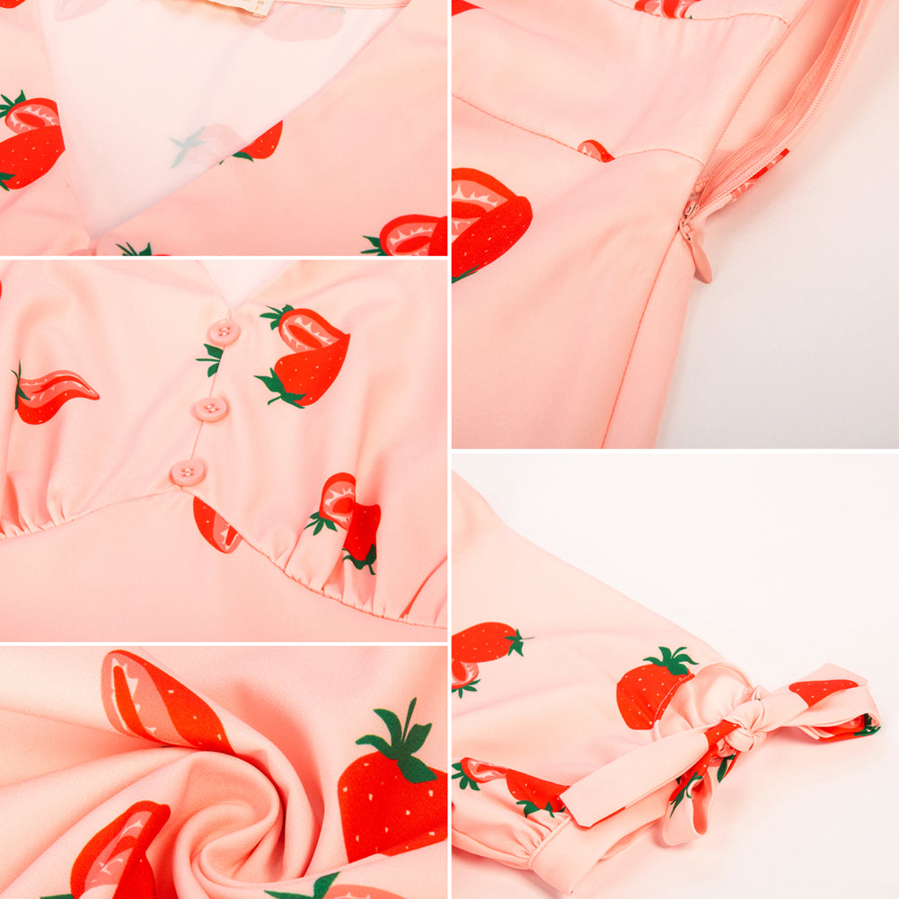 belle poque Strawberry Printed Defined Waist Dress Short Sleeve V-Neck Flared A-Line Dress