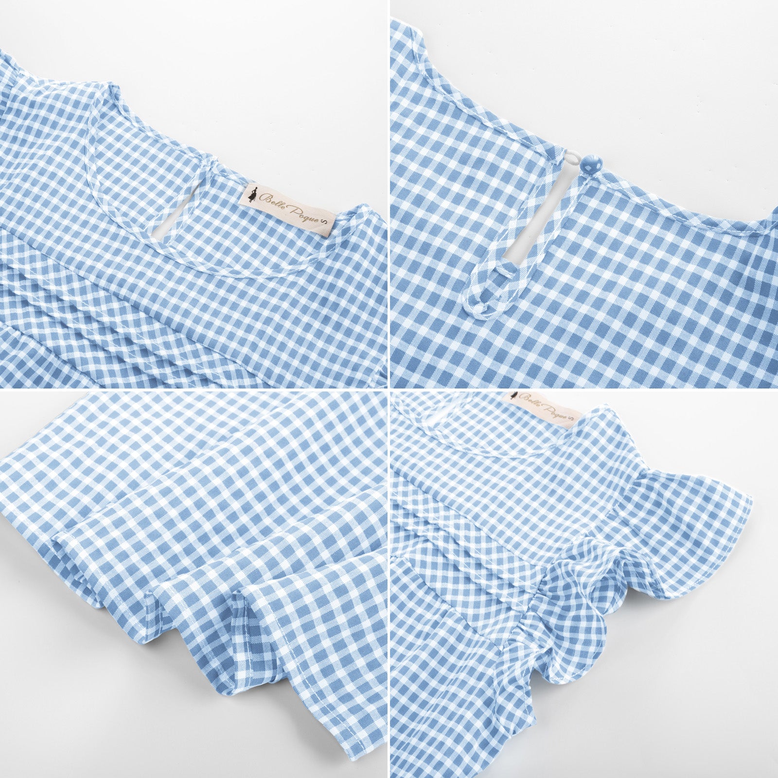 belle poque BP Women Vintage Plaided Tops Flutter Sleeve Crew Neck Keyhole Back Tops