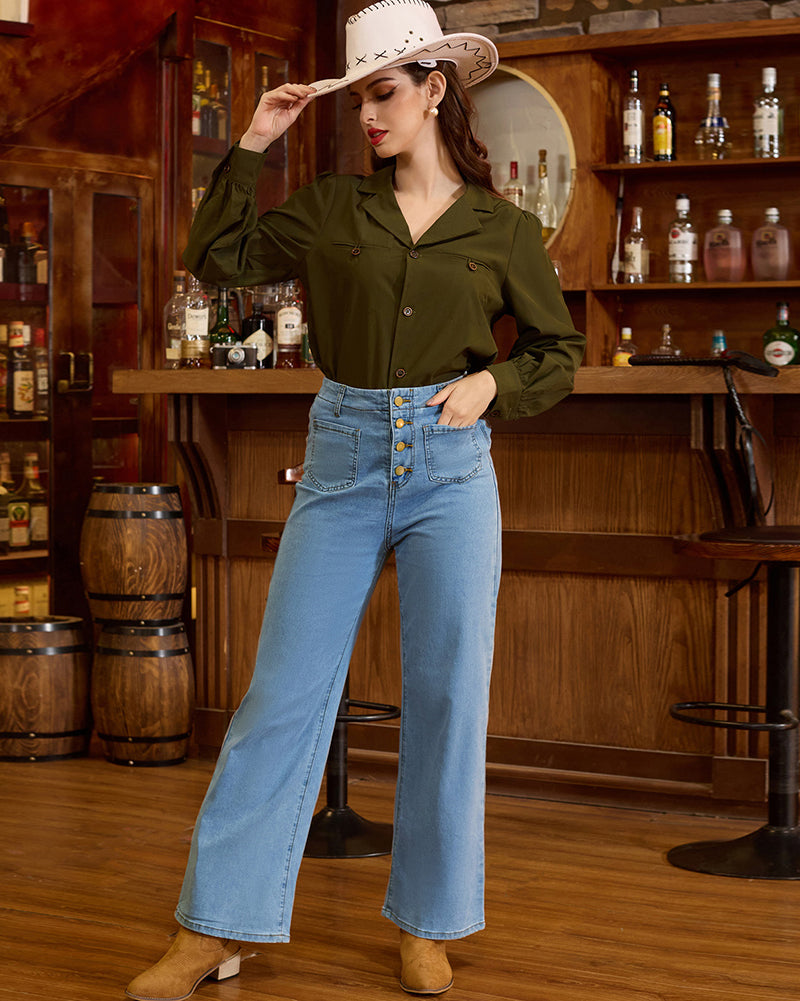 belle poque Vintage Straight Leg High Waisted Elastic Waist Multi-Pocket Flare Denim Pants