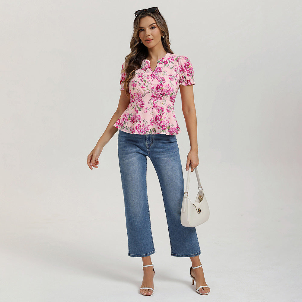 belle poque Floral Tops for Women Vacation Blouses Henley V Neck Shirts Peplum Tops