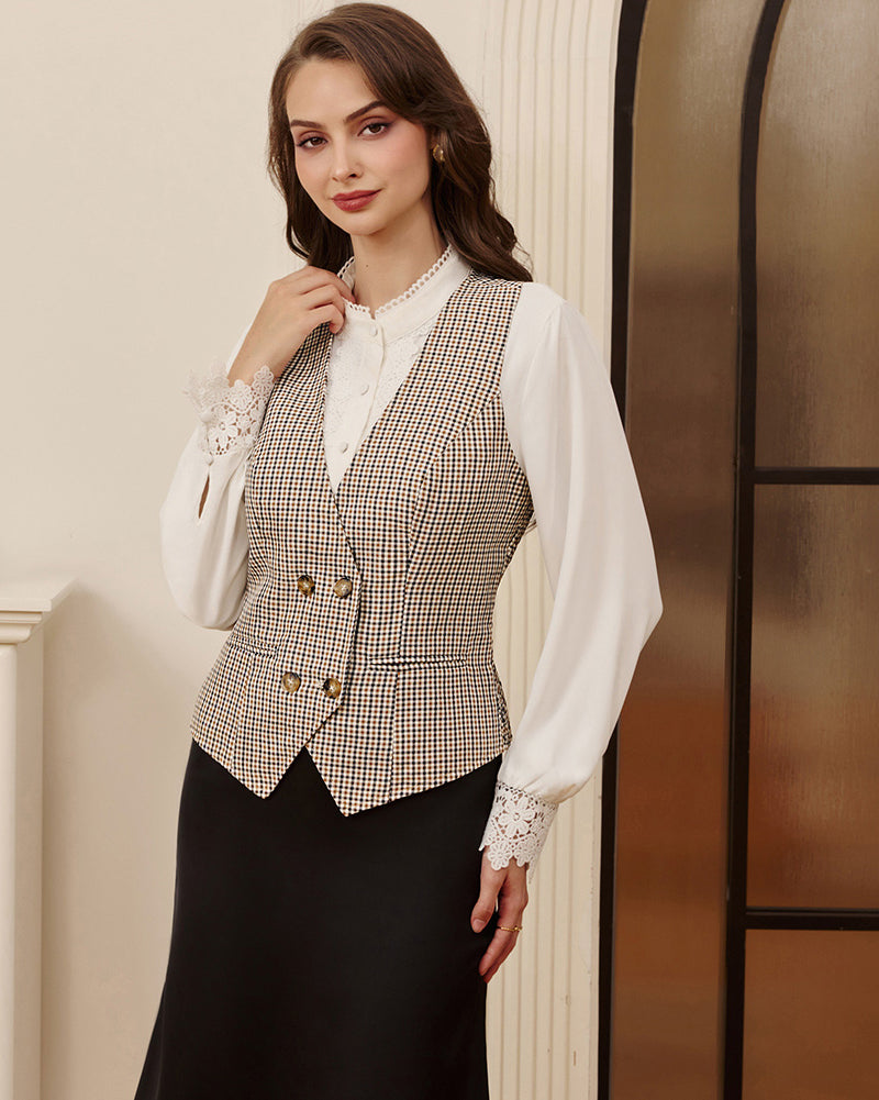 belle poque Women Double Breasted Vest Coat V-Neck Handkerchief Hem Business Waistcoat
