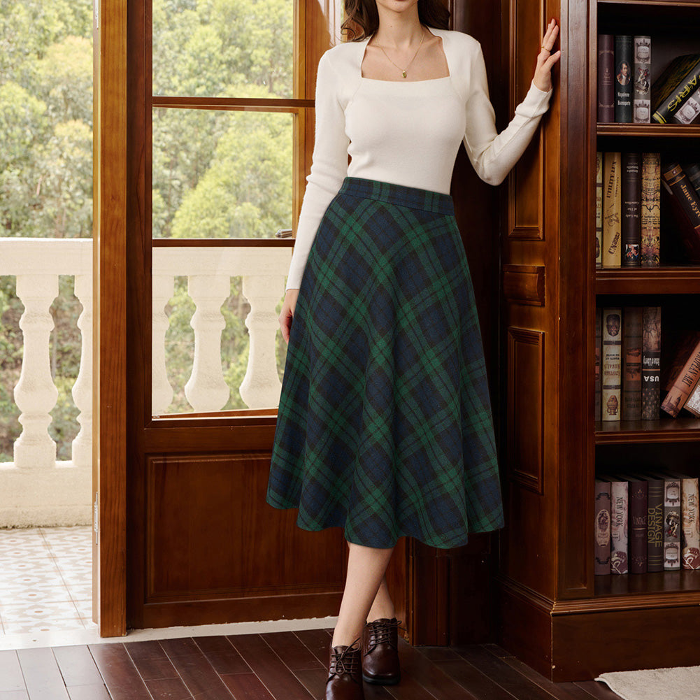 belle poque Women Vintage Plaided Swing Skirt Elastic Waist Mid-Calf Length A-Line Skirt