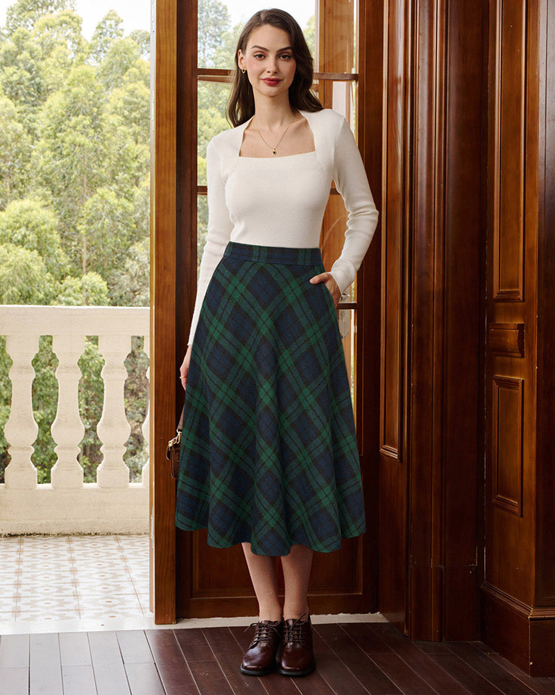 belle poque Women Vintage Plaided Swing Skirt Elastic Waist Mid-Calf Length A-Line Skirt