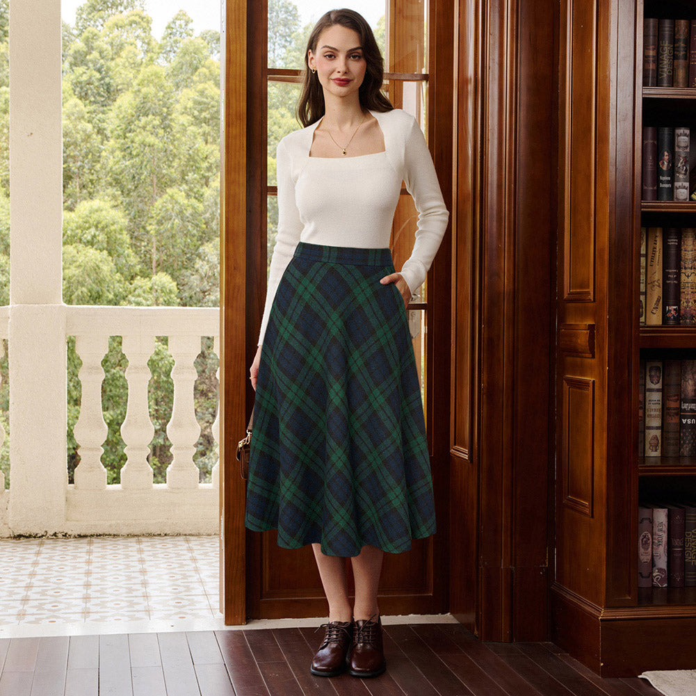 belle poque Women Vintage Plaided Swing Skirt Elastic Waist Mid-Calf Length A-Line Skirt