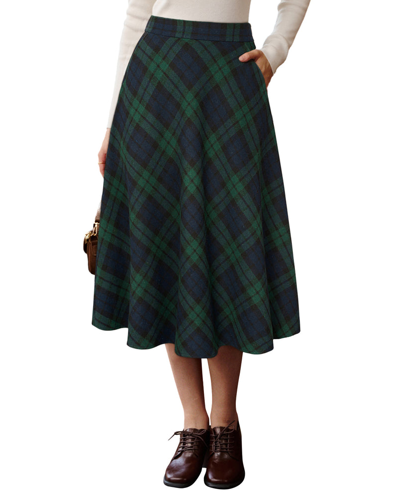 belle poque Women Vintage Plaided Swing Skirt Elastic Waist Mid-Calf Length A-Line Skirt