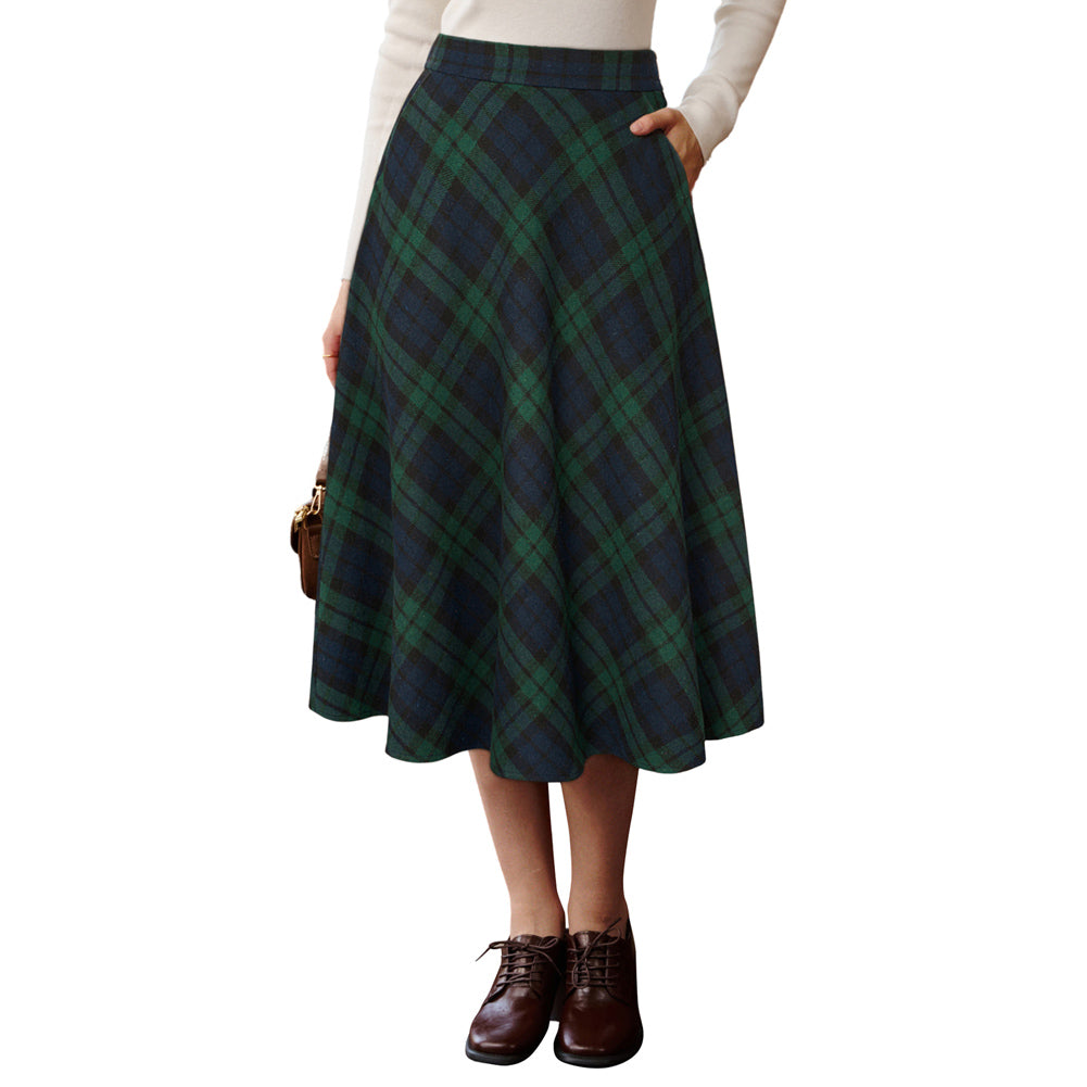 belle poque Women Vintage Plaided Swing Skirt Elastic Waist Mid-Calf Length A-Line Skirt