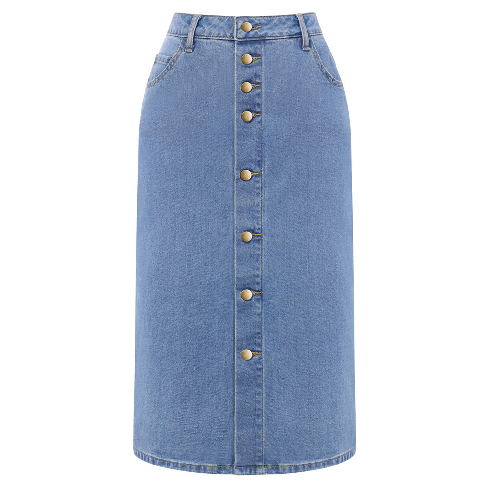 belle poque 1980s Vintage Jean Skirts for Women Front Slit Midi Work Skirt with Pockets Light Blue
