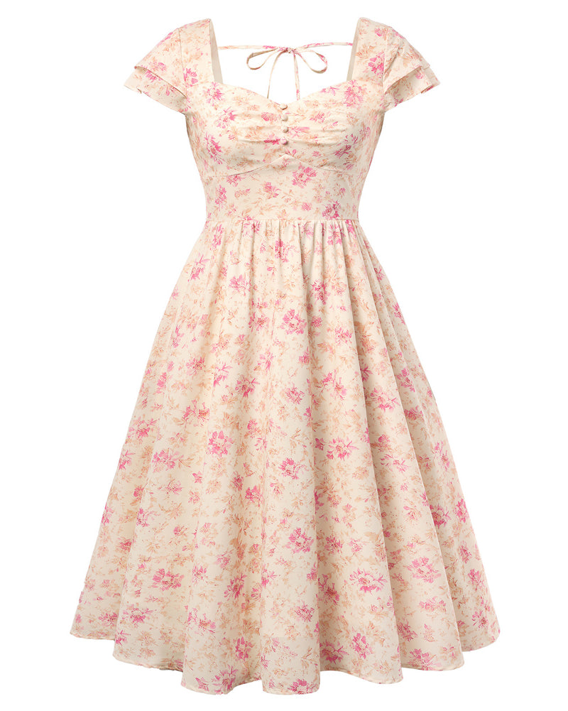 belle poque 1950s Women's Sweatheart Floral Dress Ruched Midi Garden Party Dress Orange