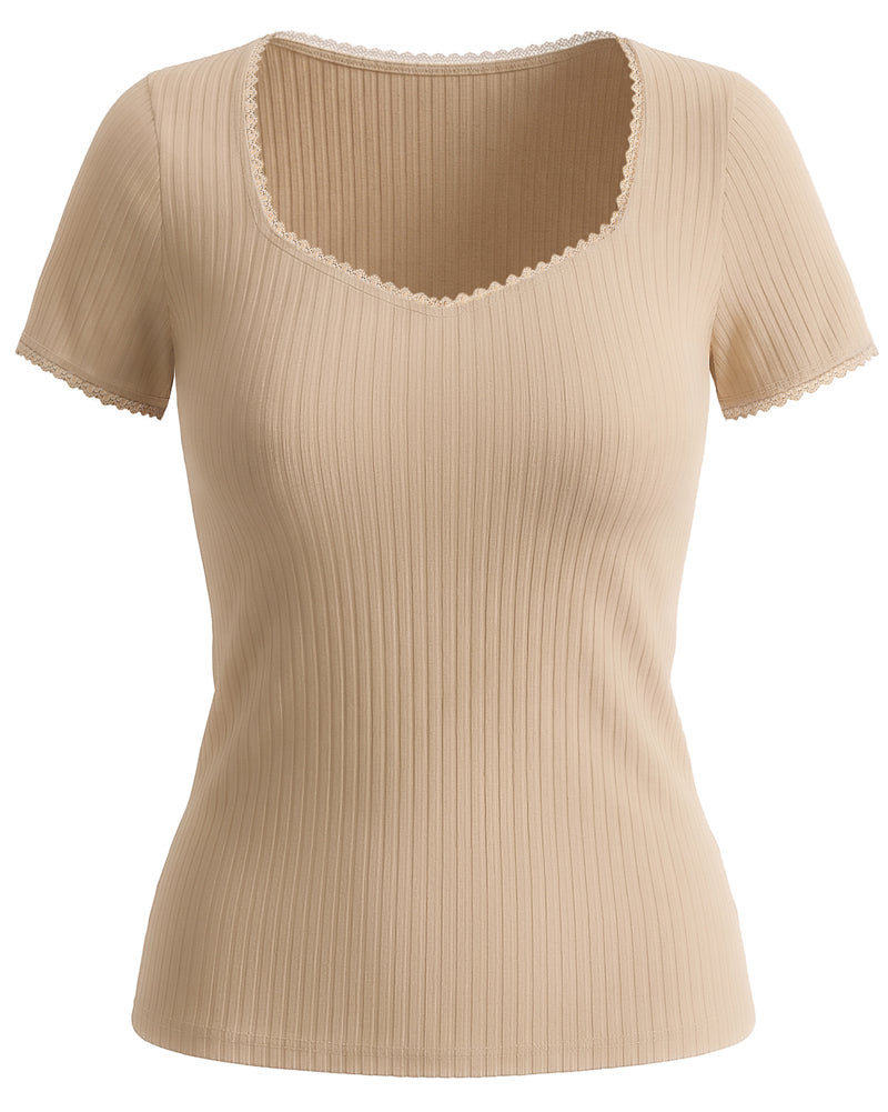 belle poque Women's Lace Trim Tops Slim Fit Ribbed Knit Basic Tee Tops Khaki