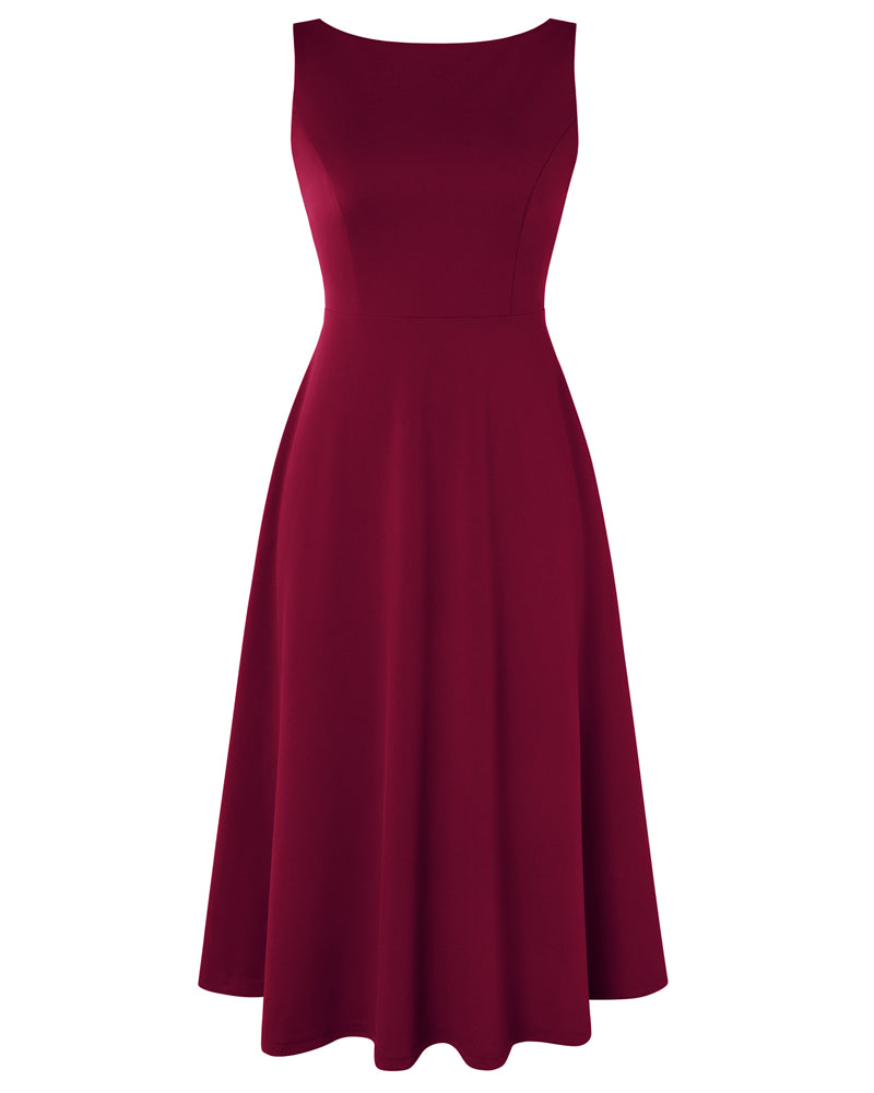 belle poque 1980s Vintage Women's Cocktail Dress Elegant A Line Midi Dresses with Pockets Wine