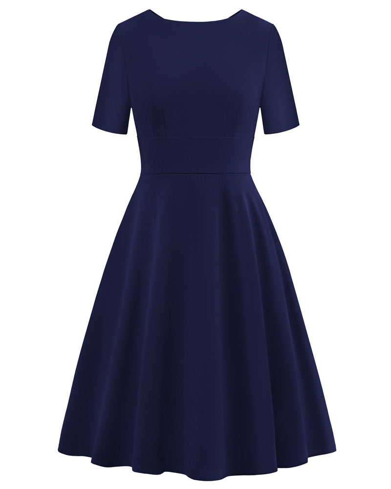 belle poque 1950s Vintage Work Dresses for Women V-Back Cocktail Dress with Pockets Dark Blue