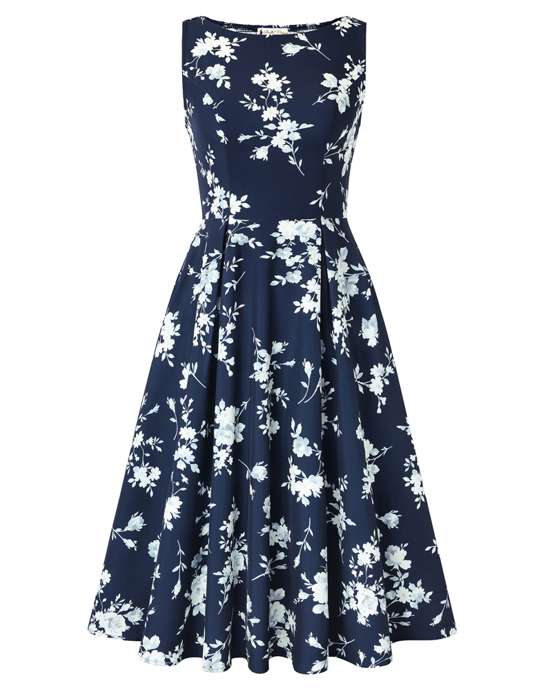 belle poque 1950s Vintage Polka Dot Dress for Women Boat Neck Midi A Line Cocktail Party Dresses Dark Blue