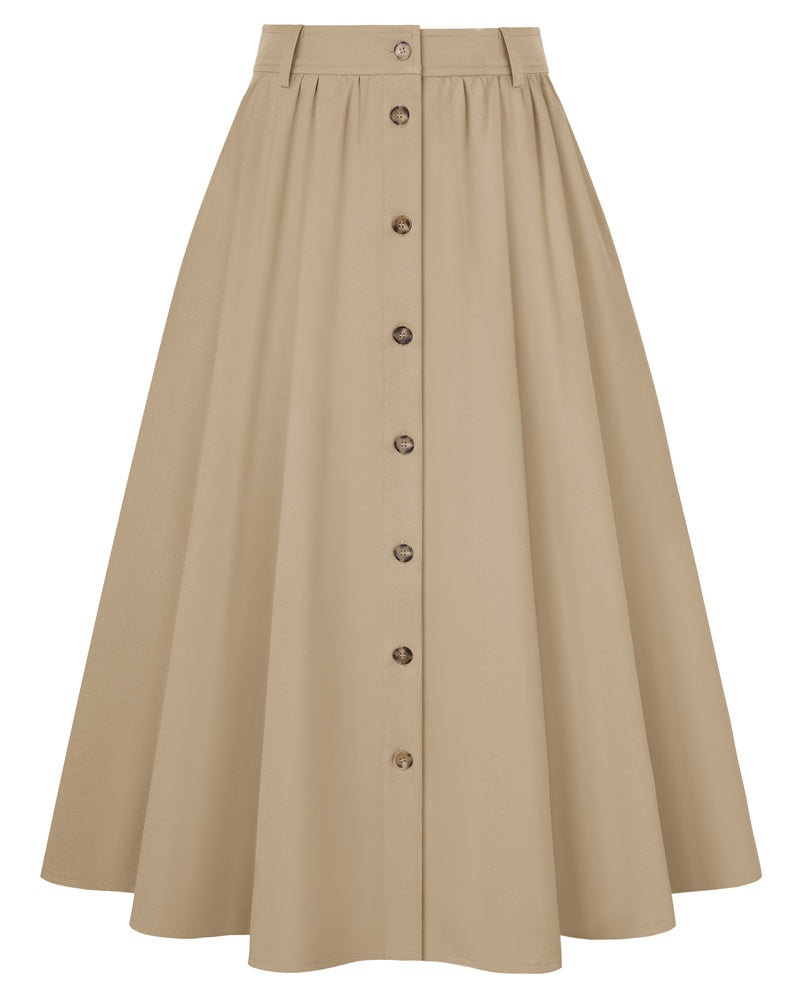 belle poque 1950s Women's Midi Skirt with Pockets Vintage Buttoned Front A-Line Skirt Khaki