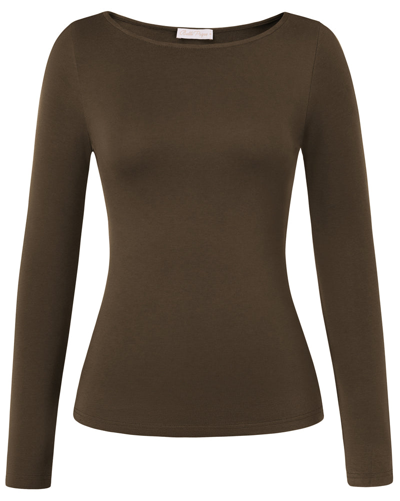 belle poque Women's Wool Long Sleeve Boat Neck Tops Fitted Basic Tees Wool Base Layer Women Brown