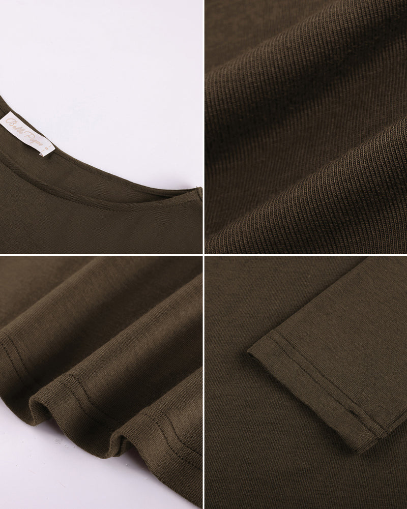 belle poque Women's Wool Long Sleeve Boat Neck Tops Fitted Basic Tees Wool Base Layer Women