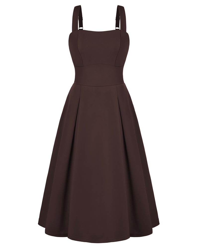belle poque Women's Midi Dress Semi Formal Elegant Dress for Cocktail Party with Pockets Brown