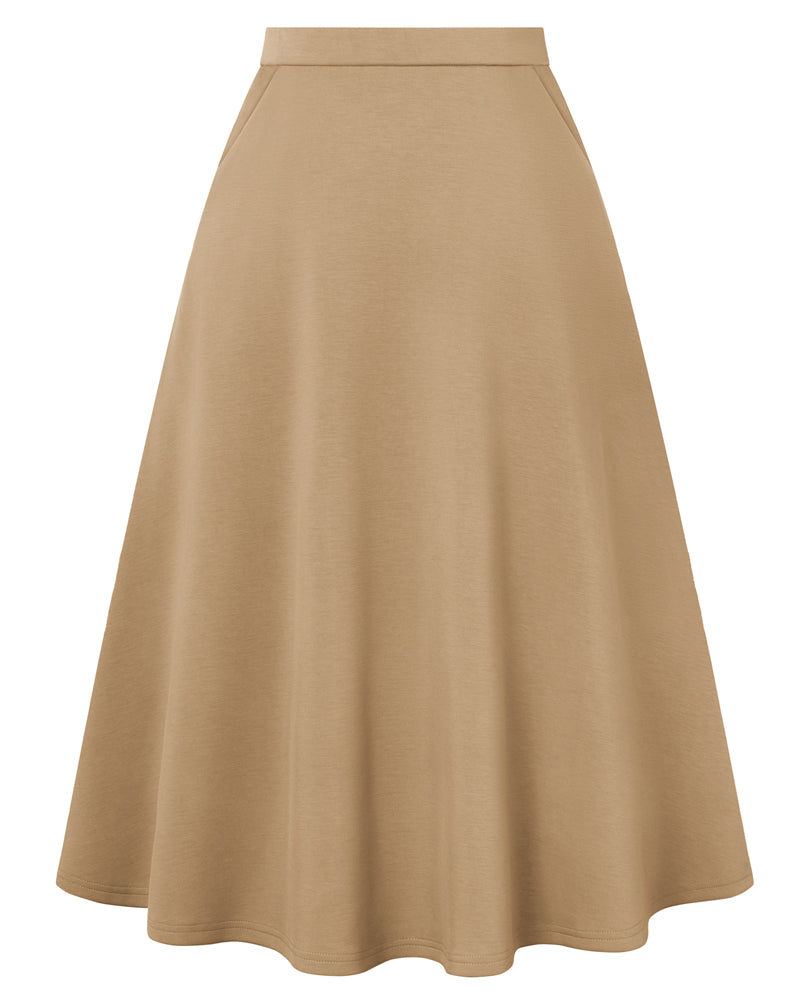 belle poque 1980s Vintage A-Line Midi Skirt Work Business Skirts with Pockets Light Brown