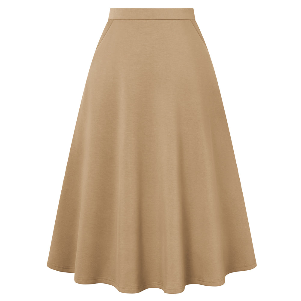 belle poque 1980s Vintage A-Line Midi Skirt Work Business Skirts with Pockets Light Brown