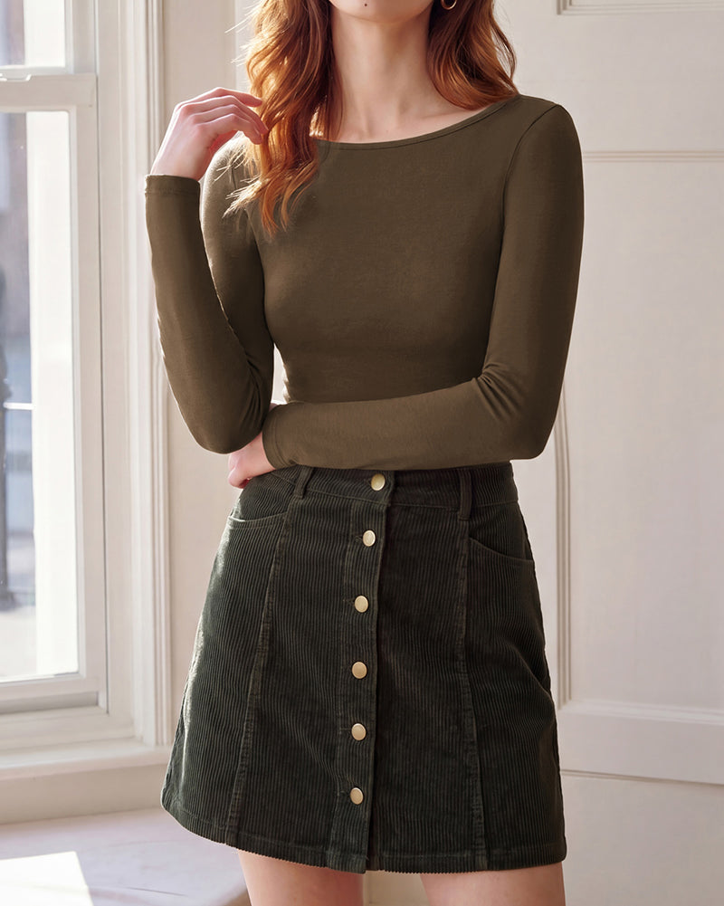 belle poque Women's Wool Long Sleeve Boat Neck Tops Fitted Basic Tees Wool Base Layer Women