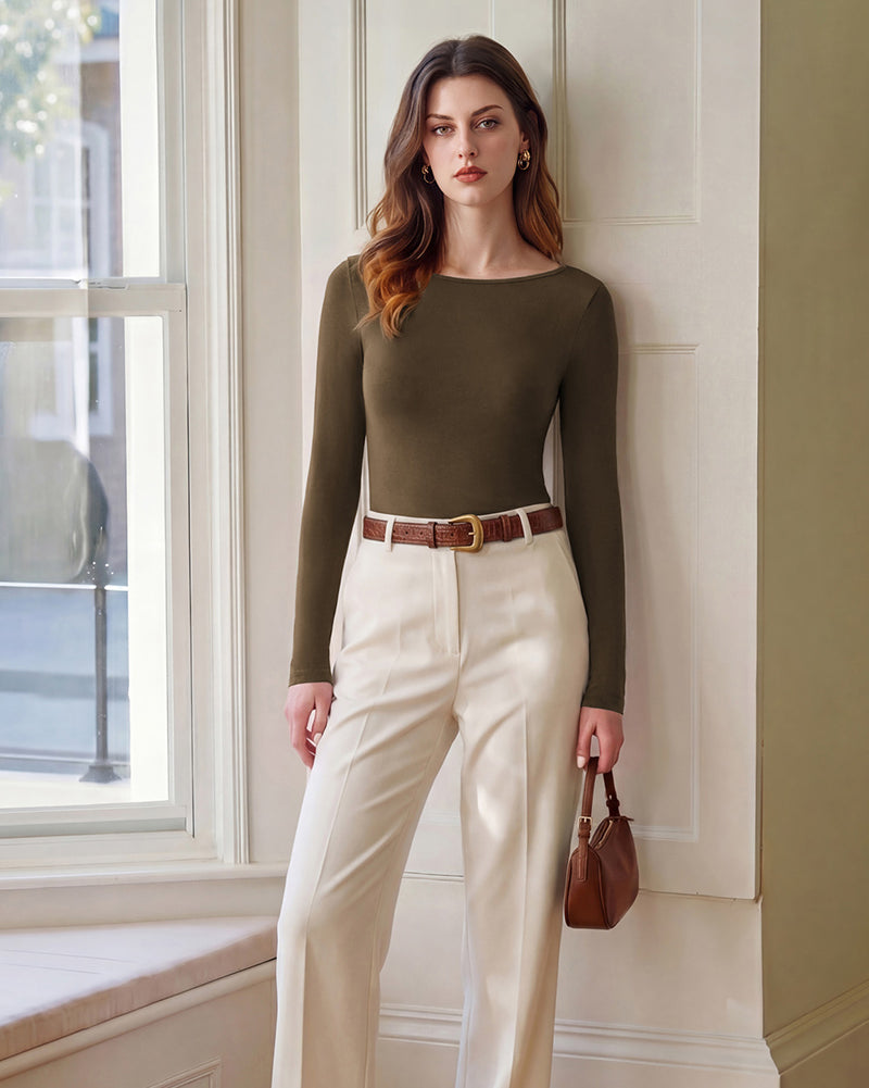 belle poque Women's Wool Long Sleeve Boat Neck Tops Fitted Basic Tees Wool Base Layer Women