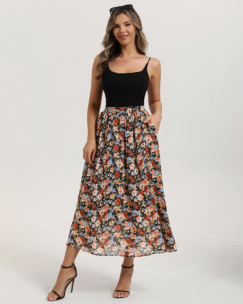 belle poque Women Summer Vacation Swing Floral Skirt Comfy A-Line Maxi Skirt