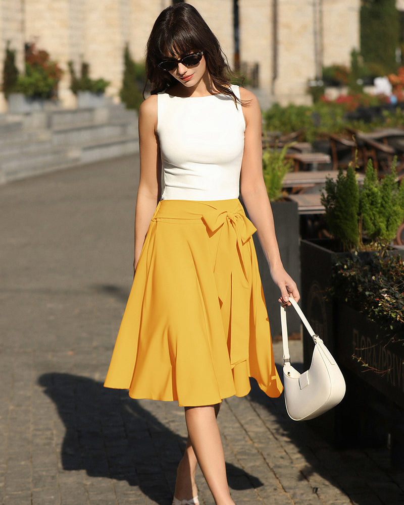 belle poque Women's High Waist A-Line Pockets Skirt Skater Flared Midi Skirt