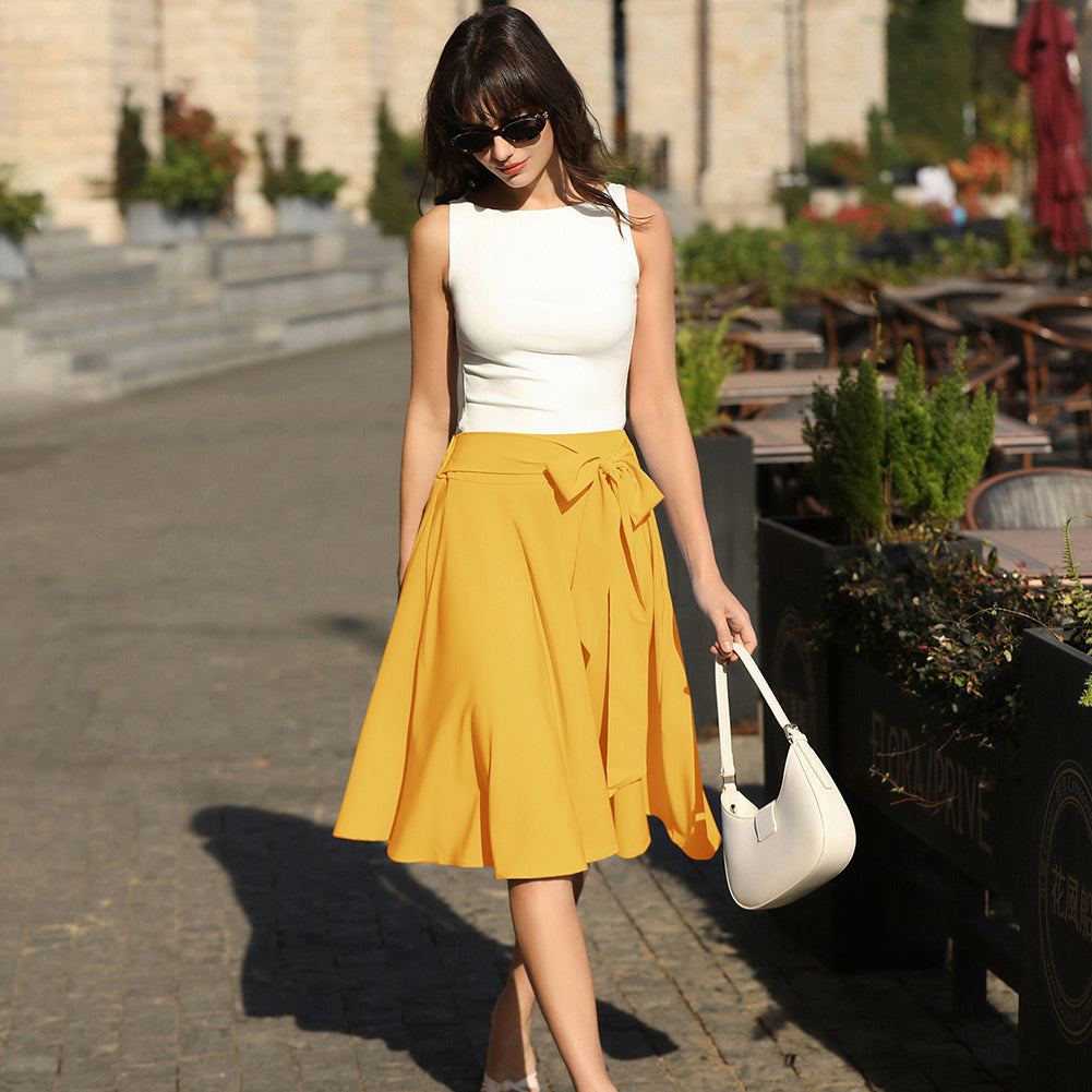 belle poque Women's High Waist A-Line Pockets Skirt Skater Flared Midi Skirt